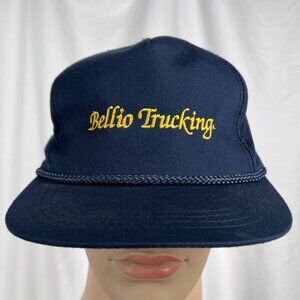 Vintage 90s Bellio Trucking Adult OS Navy Blue Yellow Rope Strapback Hat Cap